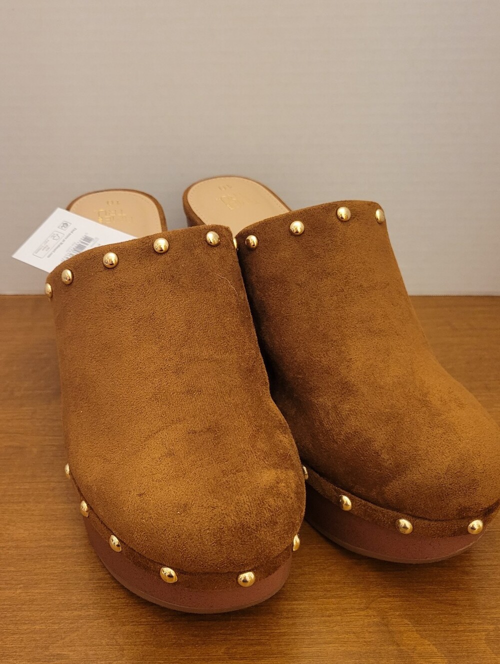 Time and Tru Brown Suede Studded Block Heel Clog Mules, Size 10. NEW